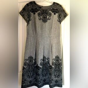 Talbots Wool Blend Dress Gray Black Short Sleeve Zip Up Back Scroll Pattern 12 L